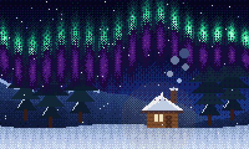 オーロラと雪の山小屋
